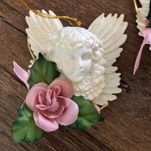 Angel face Alabaster victorian Cupids Christmas ornament with pink roses3 1/4"
